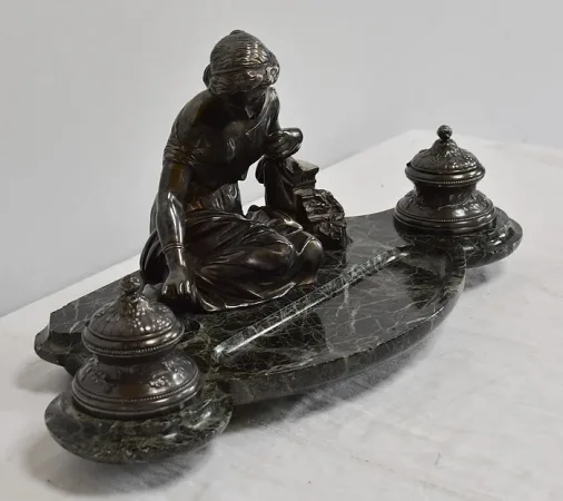 Encrier Double en Bronze argenté sur Marbre vert de mer – 1900