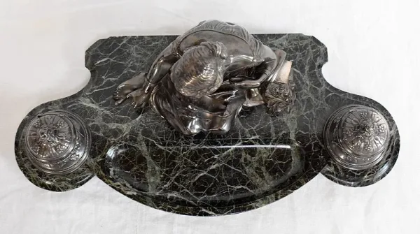 Encrier Double en Bronze argenté sur Marbre vert de mer – 1900