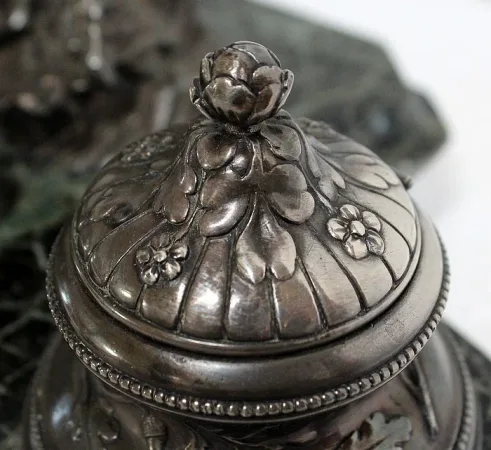 Encrier Double en Bronze argenté sur Marbre vert de mer – 1900