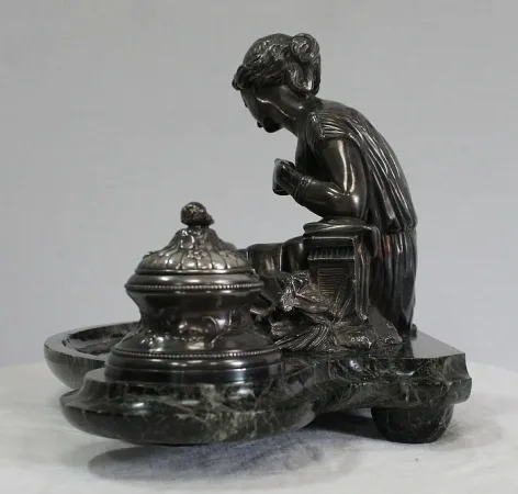 Encrier Double en Bronze argenté sur Marbre vert de mer – 1900