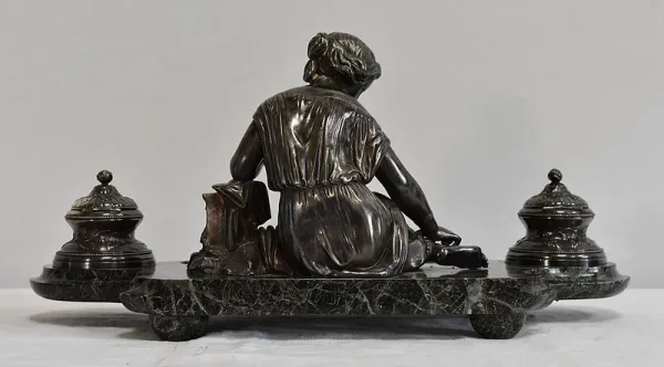 Encrier Double en Bronze argenté sur Marbre vert de mer – 1900