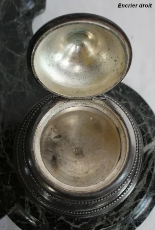 Encrier Double en Bronze argenté sur Marbre vert de mer – 1900