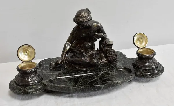 Encrier Double en Bronze argenté sur Marbre vert de mer – 1900