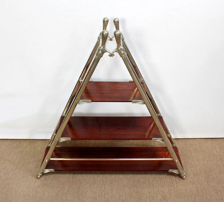 Rare Etagère de Bateau en Acajou massif et Métal chromé – 1920
