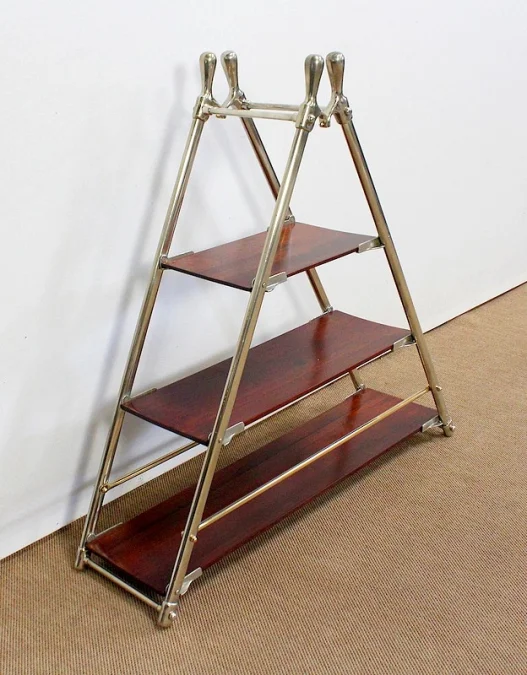 Rare Etagère de Bateau en Acajou massif et Métal chromé – 1920