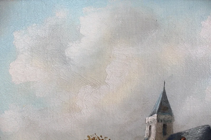 Tableau 'Village de campagne' signé Vallet - XIXe