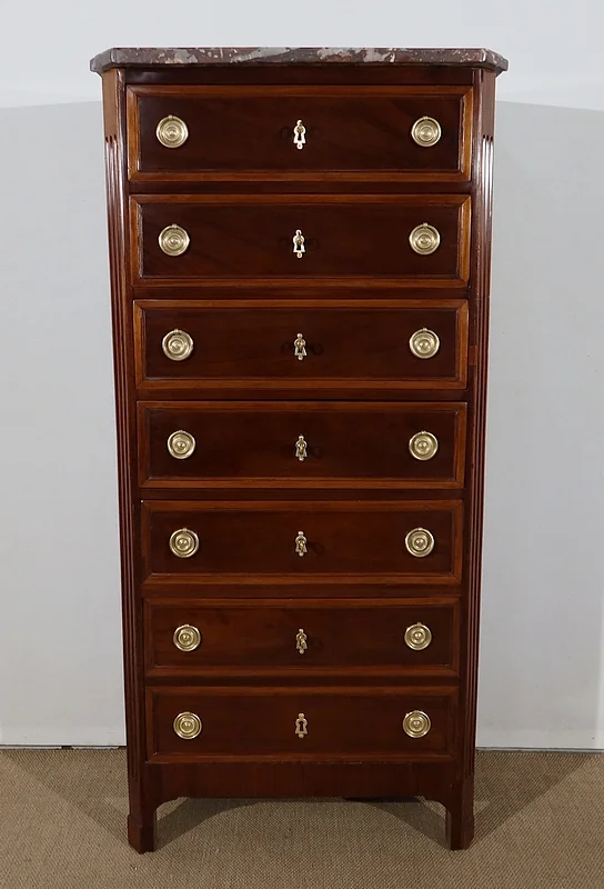 Petit Semainier en Acajou de Cuba et Acajou clair, époque Louis XVI – XVIIIe