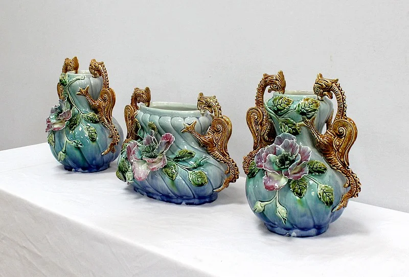 BARBOTINE JARDINIERE AND VASES