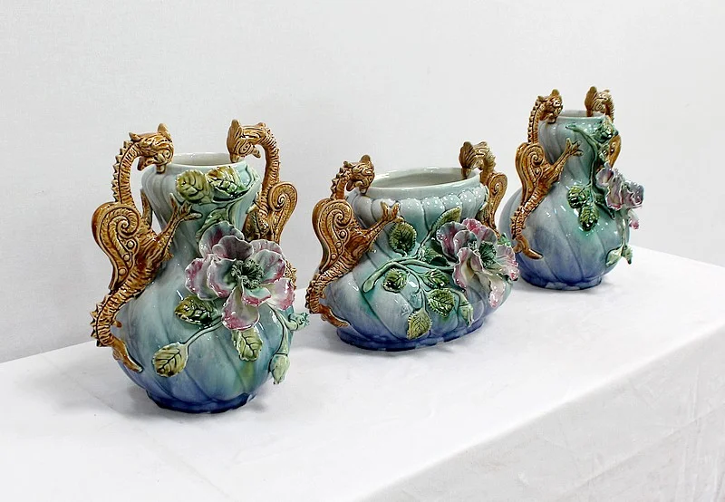 BARBOTINE JARDINIERE AND VASES