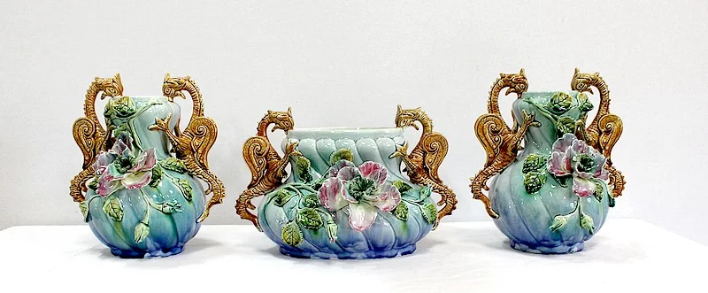 BARBOTINE JARDINIERE AND VASES