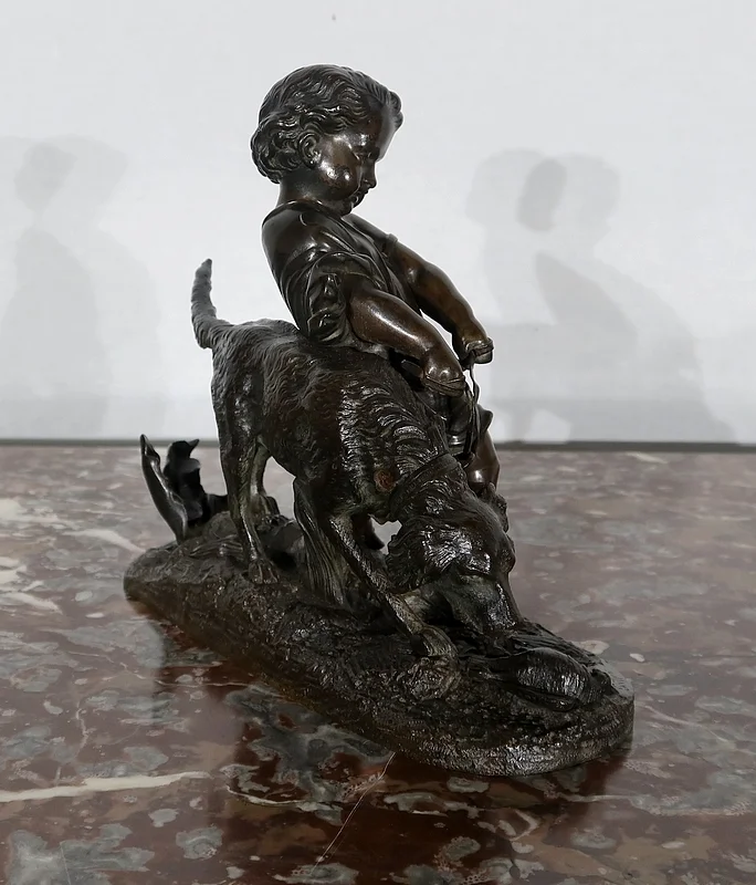 Bronze « L’enfant et le chien » signé Peiffer – Fin XIXe