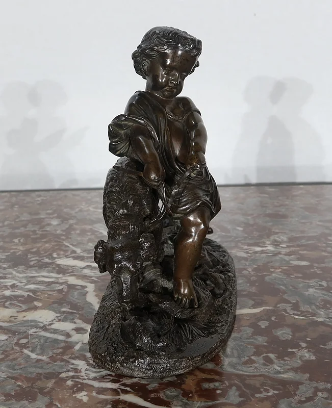 Bronze « L’enfant et le chien » signé Peiffer – Fin XIXe