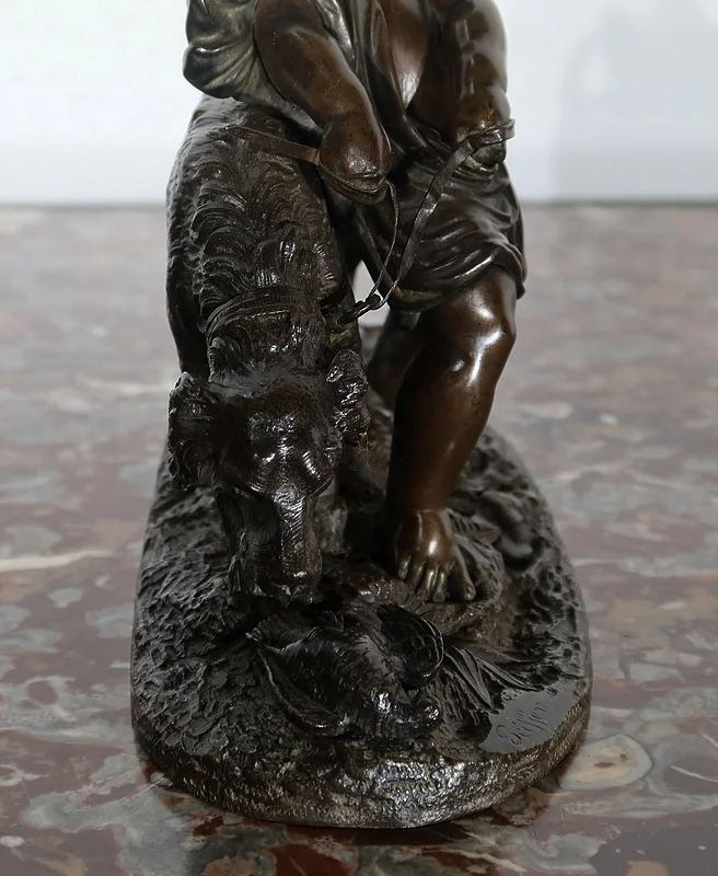 Bronze « L’enfant et le chien » signé Peiffer – Fin XIXe