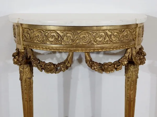 Console d’appui Demi-lune en Marbre et Bois doré, Louis XVI – Milieu XIXe