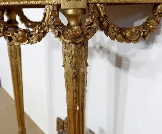Console d’appui Demi-lune en Marbre et Bois doré, Louis XVI – Milieu XIXe