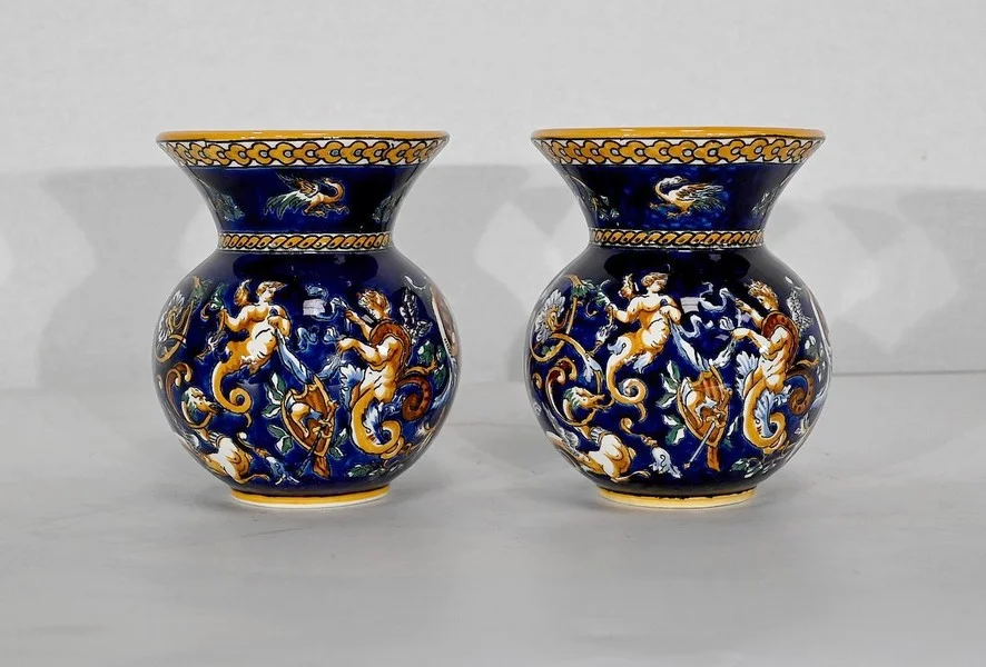 Plateau et Vases en Faïence de Gien, style Renaissance – Début XXe