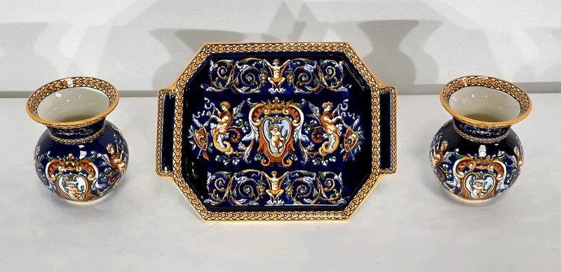 Plateau et Vases en Faïence de Gien, style Renaissance – Début XXe