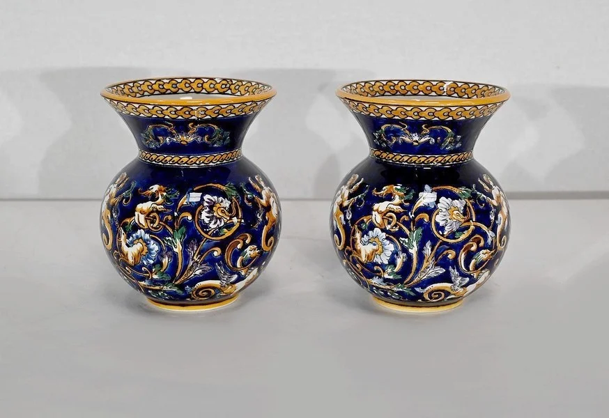 Plateau et Vases en Faïence de Gien, style Renaissance – Début XXe