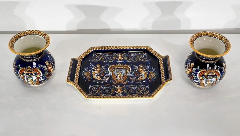 Plateau et Vases en Faïence de Gien, style Renaissance – Début XXe