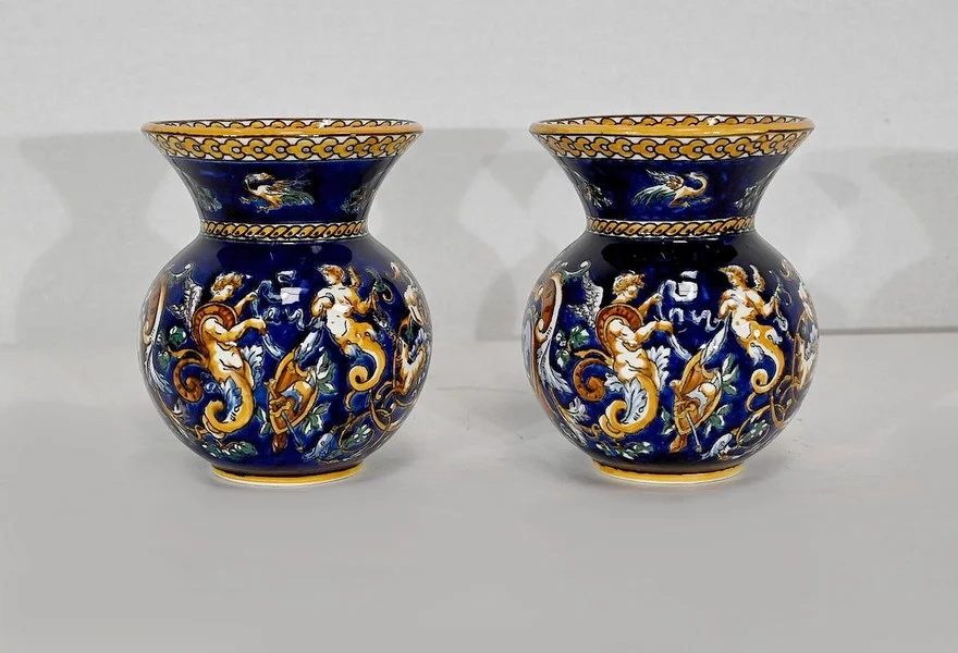 Plateau et Vases en Faïence de Gien, style Renaissance – Début XXe