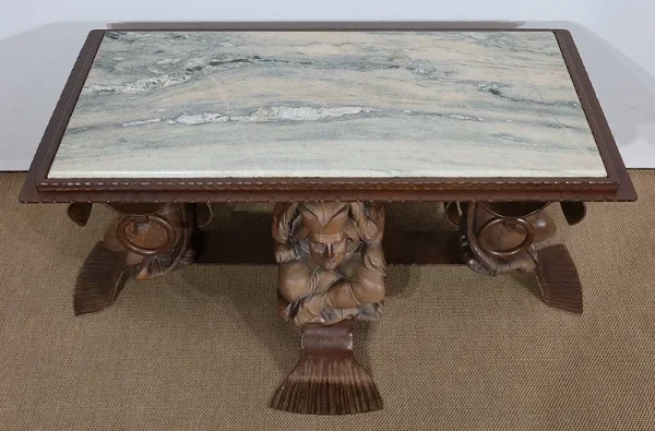 Table Basse en Fer Forgé et Marbre, J.M. Rothschild – 1950