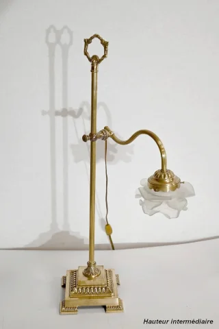 Petite Lampe Tulipe en Verre et Bronze, réglable, Art Déco – 1920