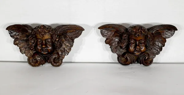 Paire d’Angelots en Bois Sculpté – Fin XIXe