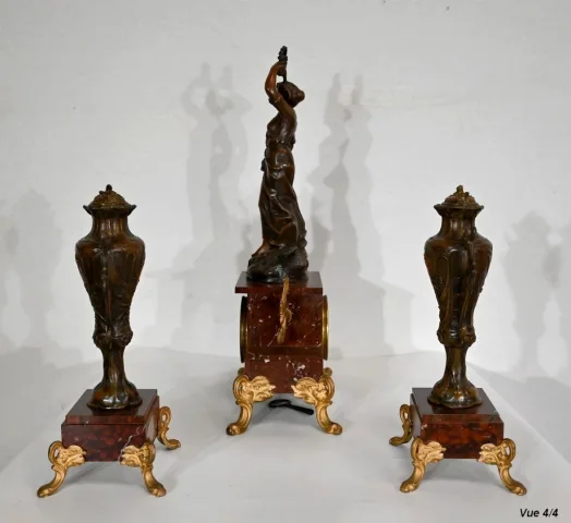 Garniture de cheminée en Régule et Marbre griotte – 1920