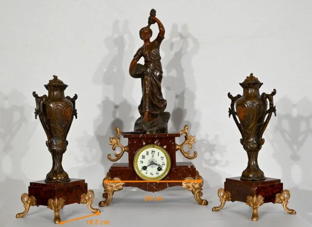 Garniture de cheminée en Régule et Marbre griotte – 1920