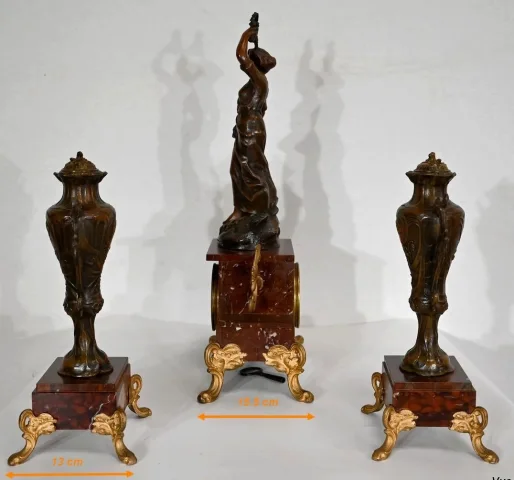 Garniture de cheminée en Régule et Marbre griotte – 1920