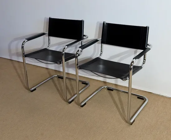 Paire de Fauteuils en Cuir et Métal Chromé, d’après M. Breuer – 1970