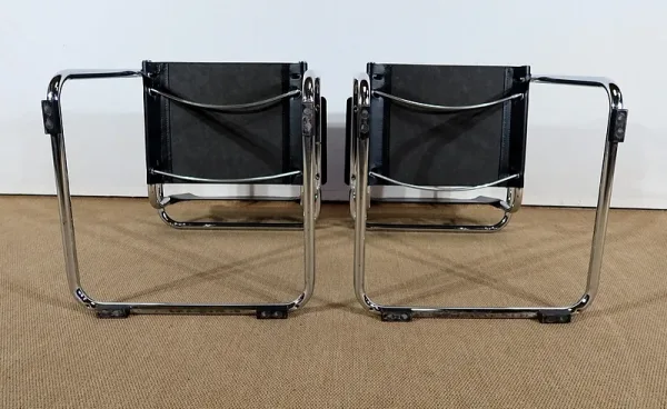 Paire de Fauteuils en Cuir et Métal Chromé, d’après M. Breuer – 1970