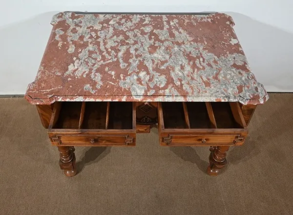 Table à Gibier en Noyer massif et Marbre Incarnat Turquin, goût Louis XIII- Début XXe