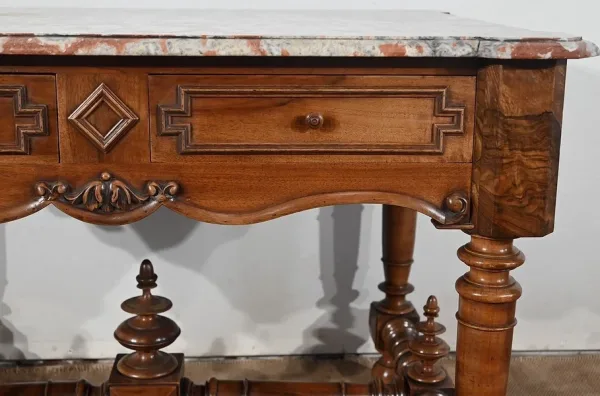 Table à Gibier en Noyer massif et Marbre Incarnat Turquin, goût Louis XIII- Début XXe