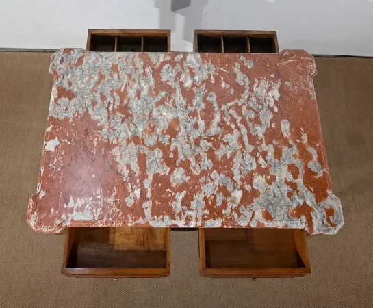 Table à Gibier en Noyer massif et Marbre Incarnat Turquin, goût Louis XIII- Début XXe