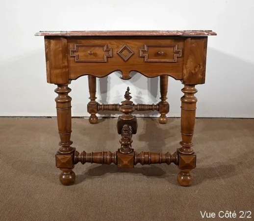 Table à Gibier en Noyer massif et Marbre Incarnat Turquin, goût Louis XIII- Début XXe