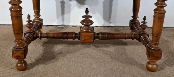 Table à Gibier en Noyer massif et Marbre Incarnat Turquin, goût Louis XIII- Début XXe