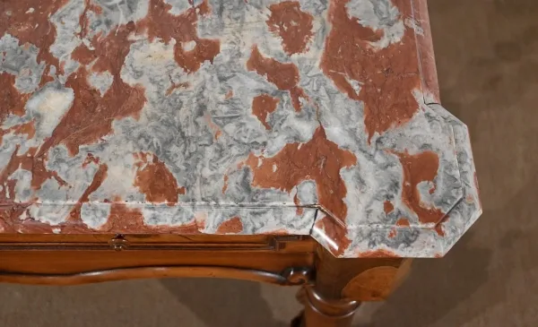 Table à Gibier en Noyer massif et Marbre Incarnat Turquin, goût Louis XIII- Début XXe