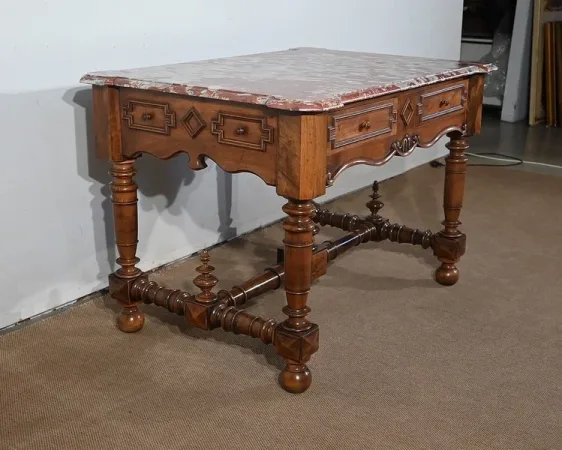Table à Gibier en Noyer massif et Marbre Incarnat Turquin, goût Louis XIII- Début XXe
