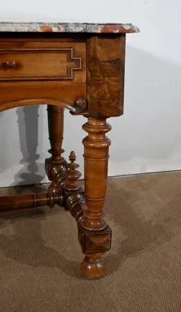 Table à Gibier en Noyer massif et Marbre Incarnat Turquin, goût Louis XIII- Début XXe