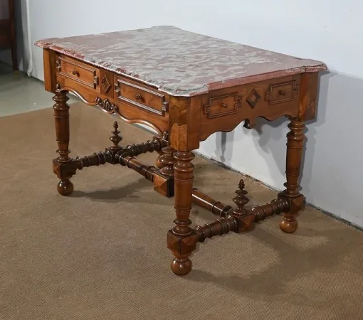 Table à Gibier en Noyer massif et Marbre Incarnat Turquin, goût Louis XIII- Début XXe