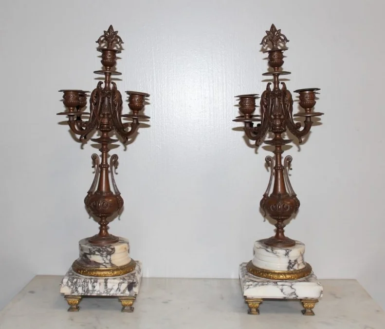 Paire de Chandeliers en Régule et Marbre - Début XXe