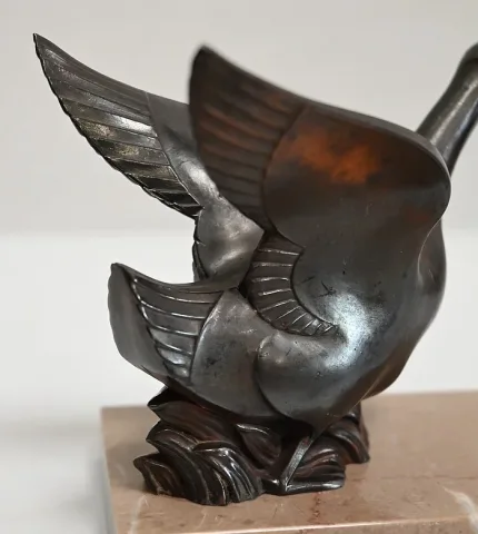 Paire de Serre-Livres, Cygnes en Métal Patiné sur Marbre – 1930 / 1940