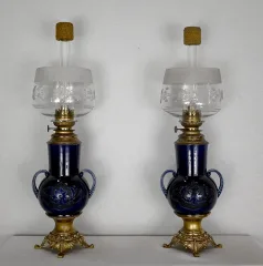Paire de Lampe à Pétrole en Faïence – Début XXe