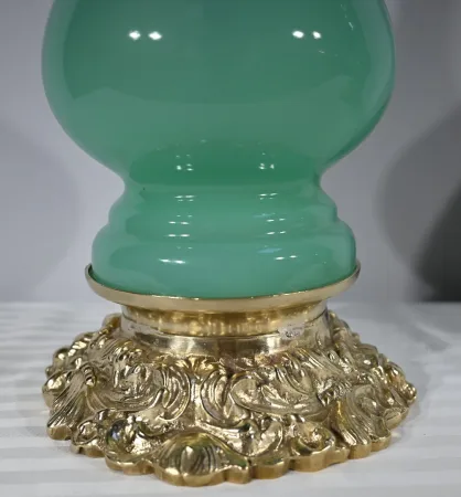 PAIR OF OPALINE AND BRONZE LAMPS