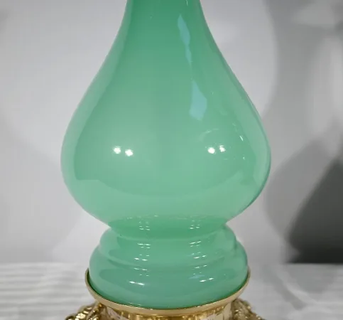 PAIR OF OPALINE AND BRONZE LAMPS
