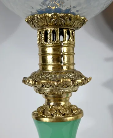 PAIR OF OPALINE AND BRONZE LAMPS