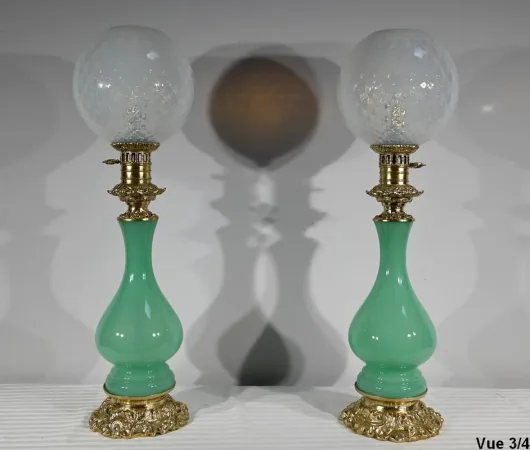 PAIR OF OPALINE AND BRONZE LAMPS