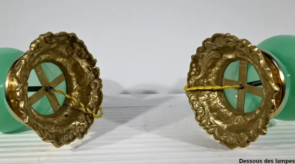 PAIR OF OPALINE AND BRONZE LAMPS