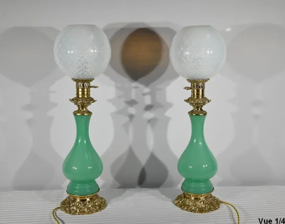 PAIR OF OPALINE AND BRONZE LAMPS
